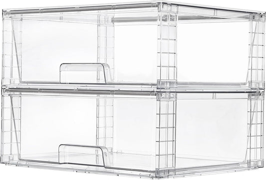 2 Pack Large Stackable Storage Drawers,Easily Assemble Clear Acrylic Bathroom Closet Undersink Organizers,Plastic Storage Bins for Cabinet,Kitchen Pantry,Medicine Organization