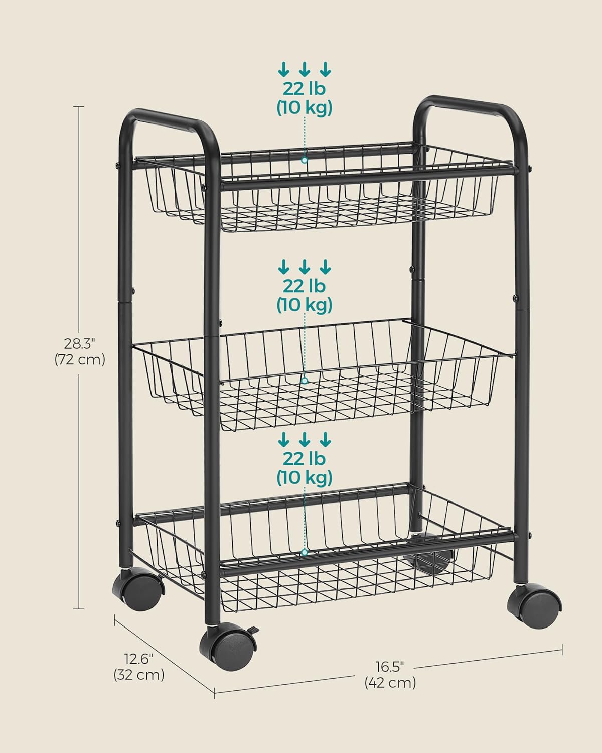 3-Tier Metal Rolling Cart on Wheels with Baskets