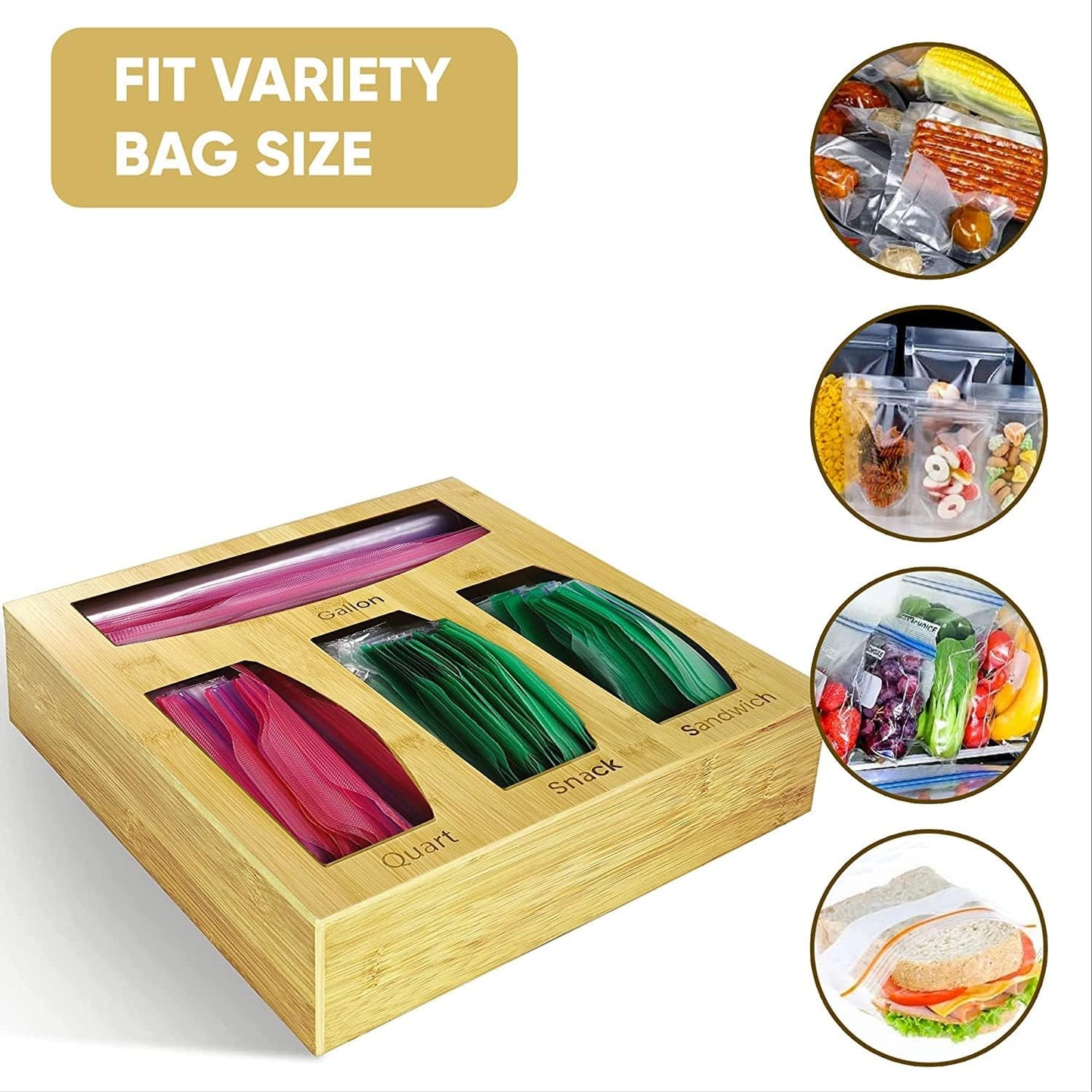 Bamboo Food Bag Storage Organizer for Kitchen Drawer, Baggie Holder for Solimo, Glad, Hefty Gallon