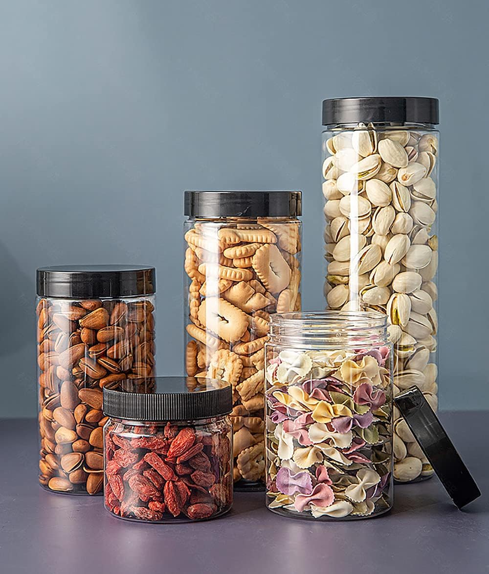 8 Pack 34 oz Clear Plastic Jars with Black Lids