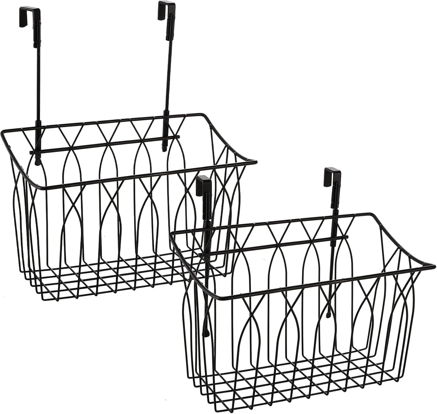 2 Pack Grid Storage Baskets with Hooks, Metal Hanging Wire Basket Kitchen Over the Cabinet Door Organizer Caddy for Cutting Board, Kitchen Wrap, Foil, Cleaning Supplies, Bakeware, Towel