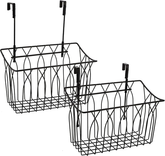 2 Pack Grid Storage Baskets with Hooks, Metal Hanging Wire Basket Kitchen Over the Cabinet Door Organizer Caddy for Cutting Board, Kitchen Wrap, Foil, Cleaning Supplies, Bakeware, Towel
