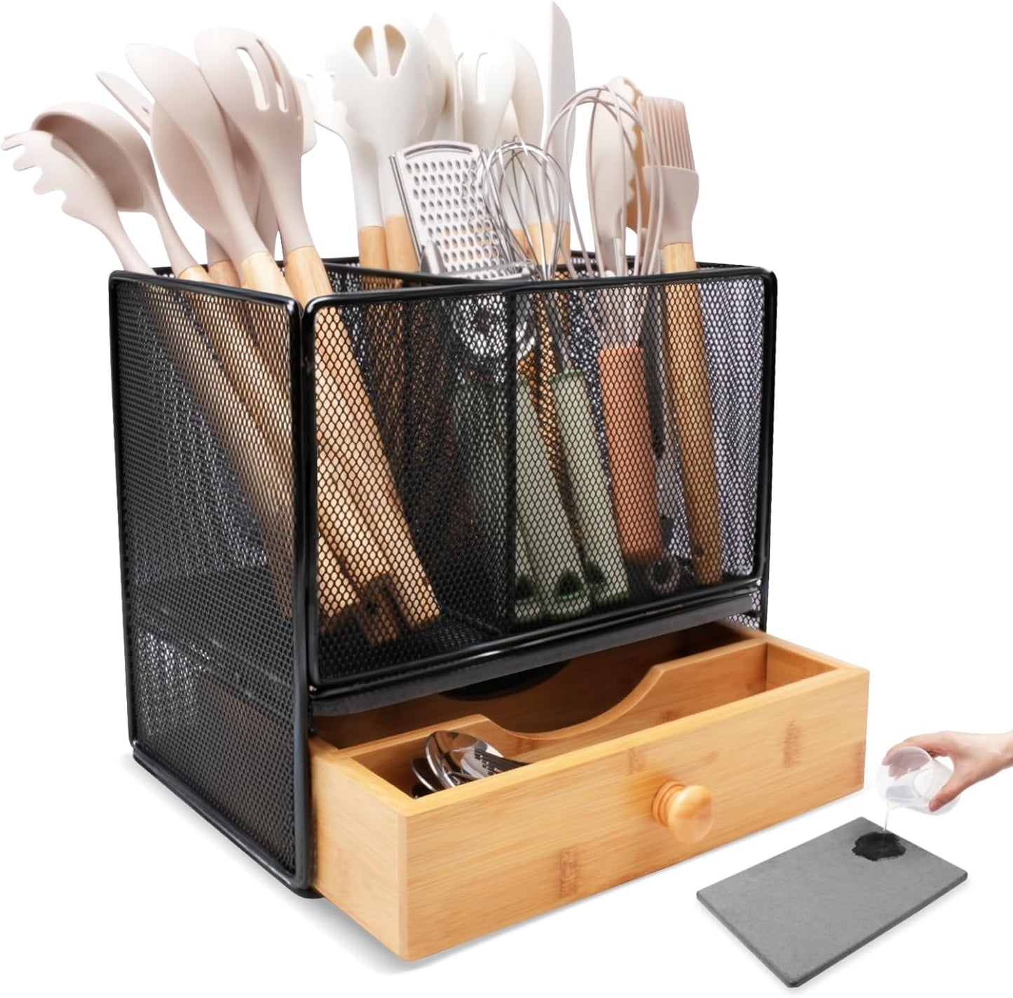 Kitchen Utensil Holder Countertop, Extra Large Utensil Organizer with Drawer