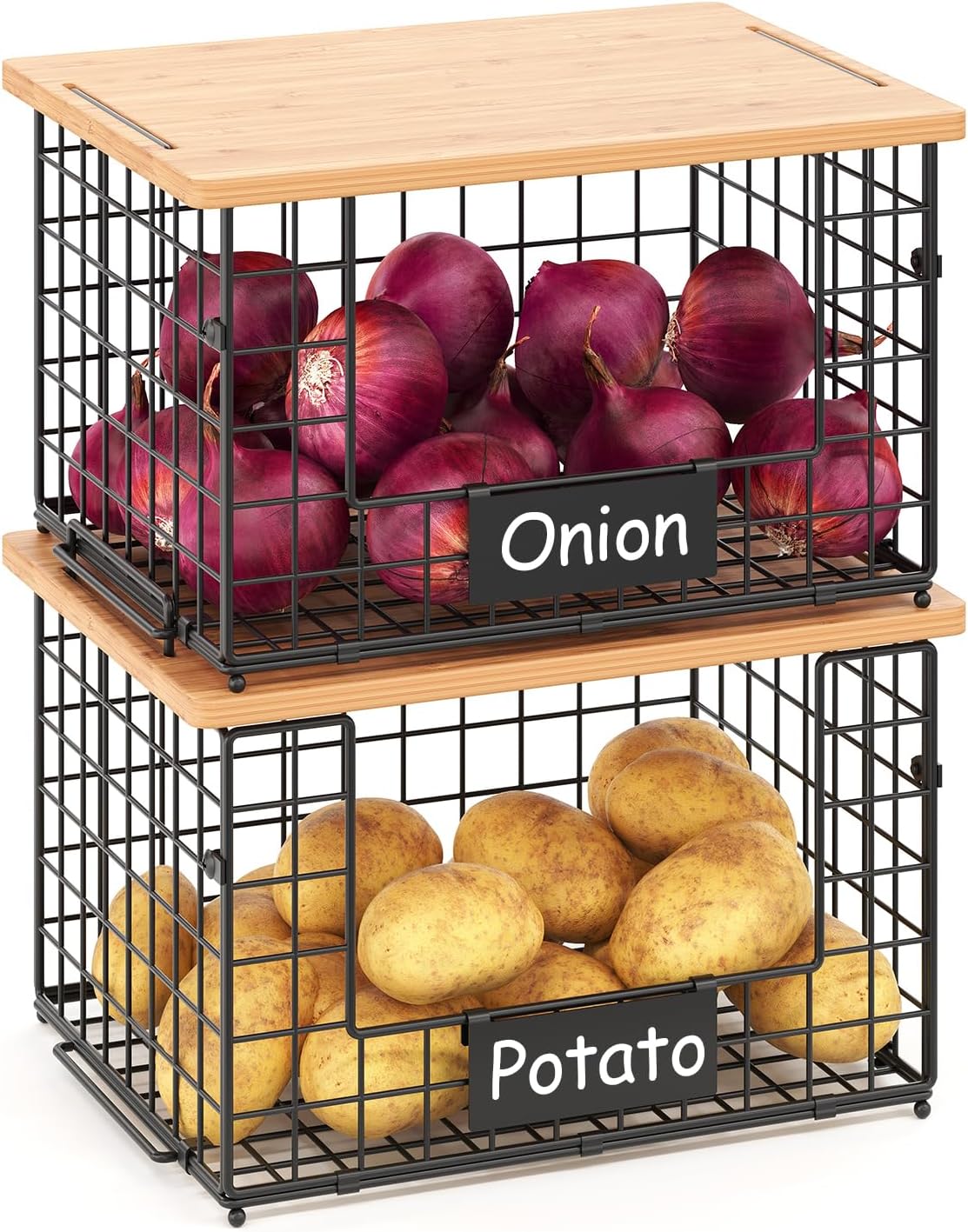 2 Set XL Stackable Wire Baskets with Bamboo Top- Pantry Organizers and Storage
