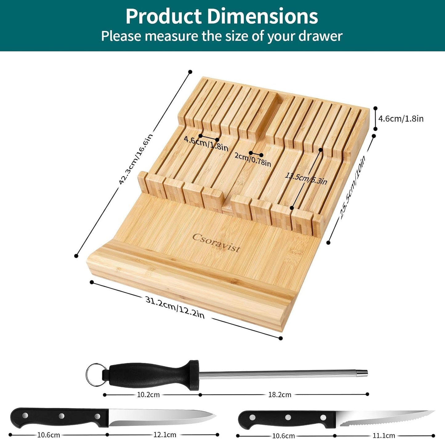 18PCS Bamboo In-Drawer Knife Block Organizer Set with Steak & Paring Knives