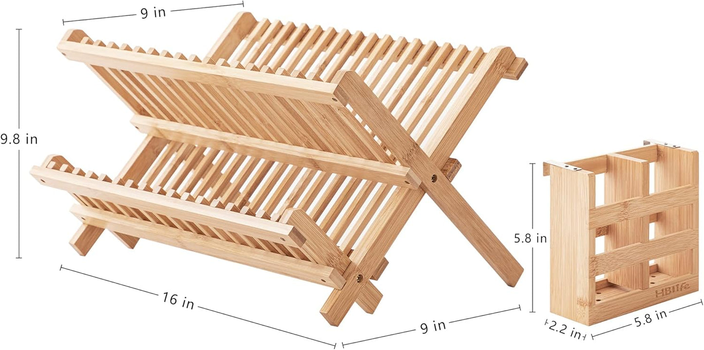 Dish Rack, Bamboo Folding 2-Tier Collapsible Drainer Dish Drying Rack with Utensils Flatware Holder Set (Dish Rack with Utensil Holder)