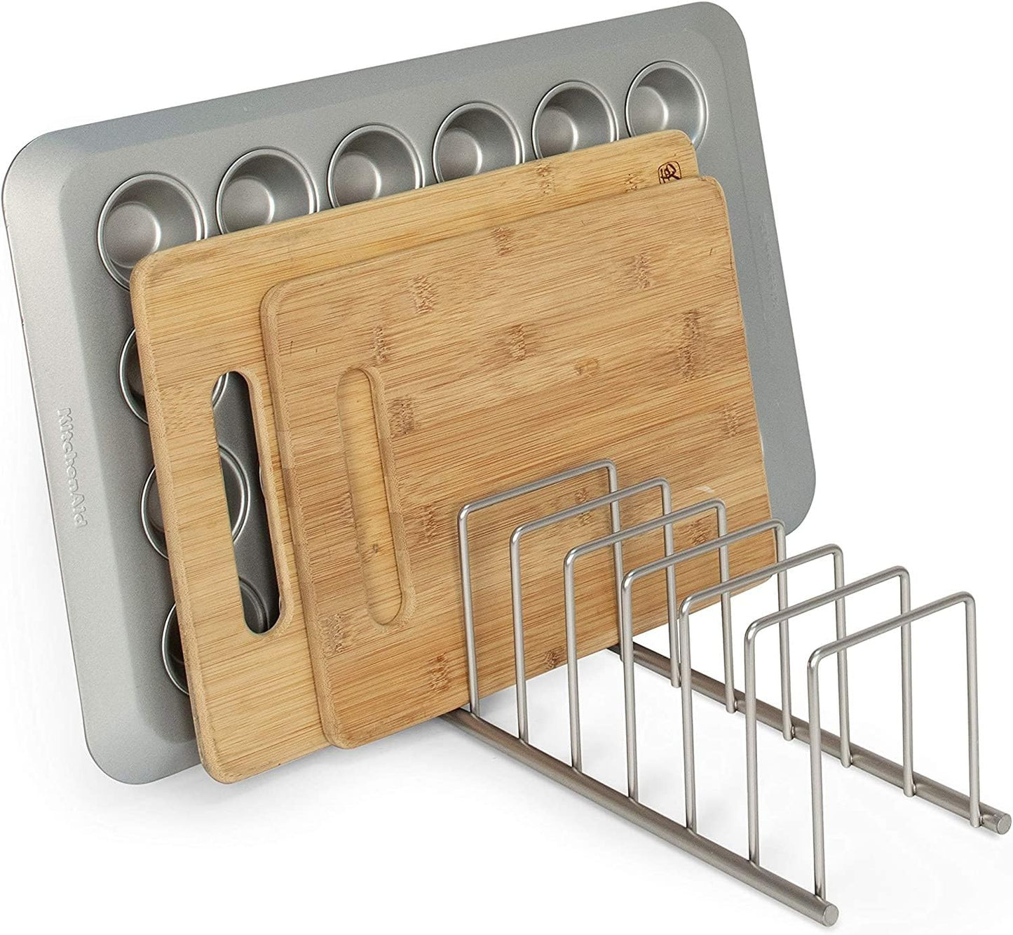 Euro Kitchen Organizer Metal Dish Rack Cutting Board Holder Stand for Countertop or Inside Cabinet Organization, 8 Slot Cutting Board Plate Drying Rack for Bakeware Storage, Satin Nickel