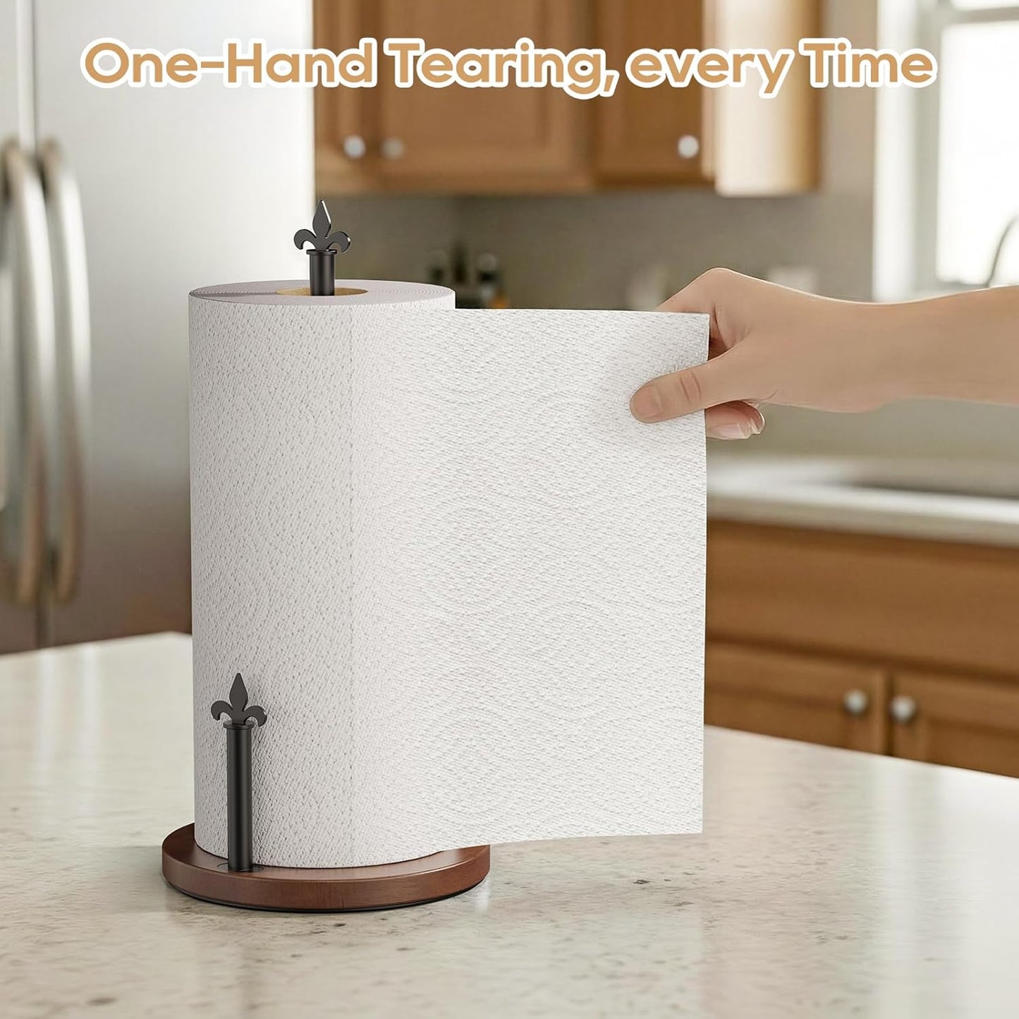 Paper Towel Holder Countertop, Wooden Paper Towel Holder with One-Hand Tear Design