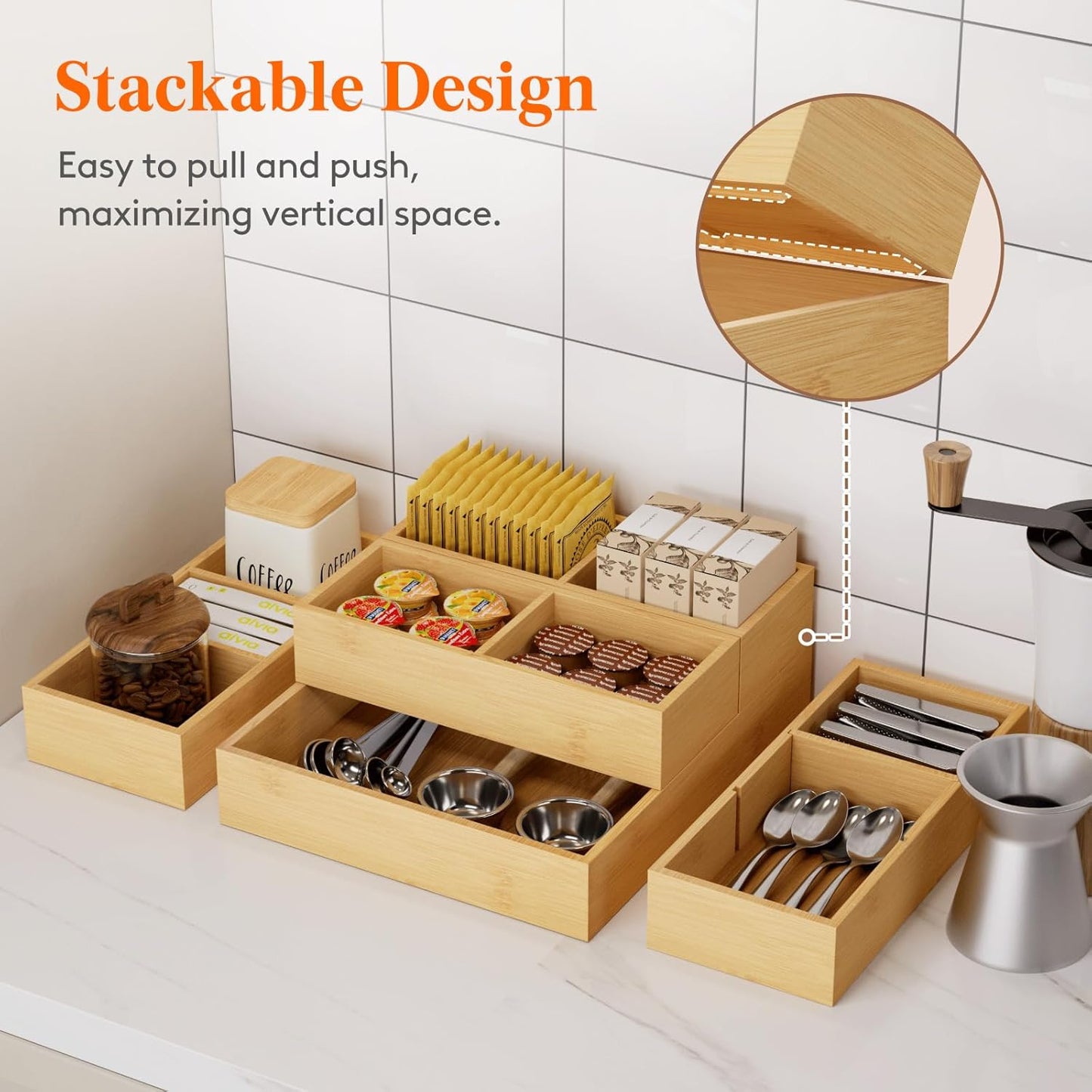 Drawer Organizers 5 Pack(11 Grid) with 6 Inserts, Adjustable Bamboo Wooden Drawer Dividers