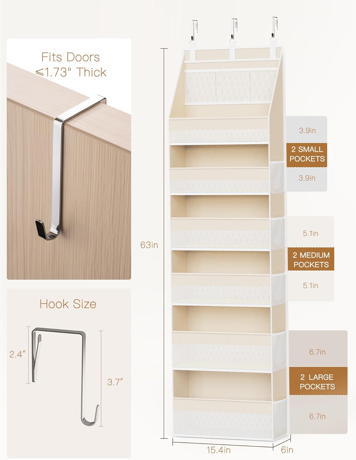 Over the Door Organizer, 6-Shelf Closet Hanging Storage with 13 Mesh Pockets