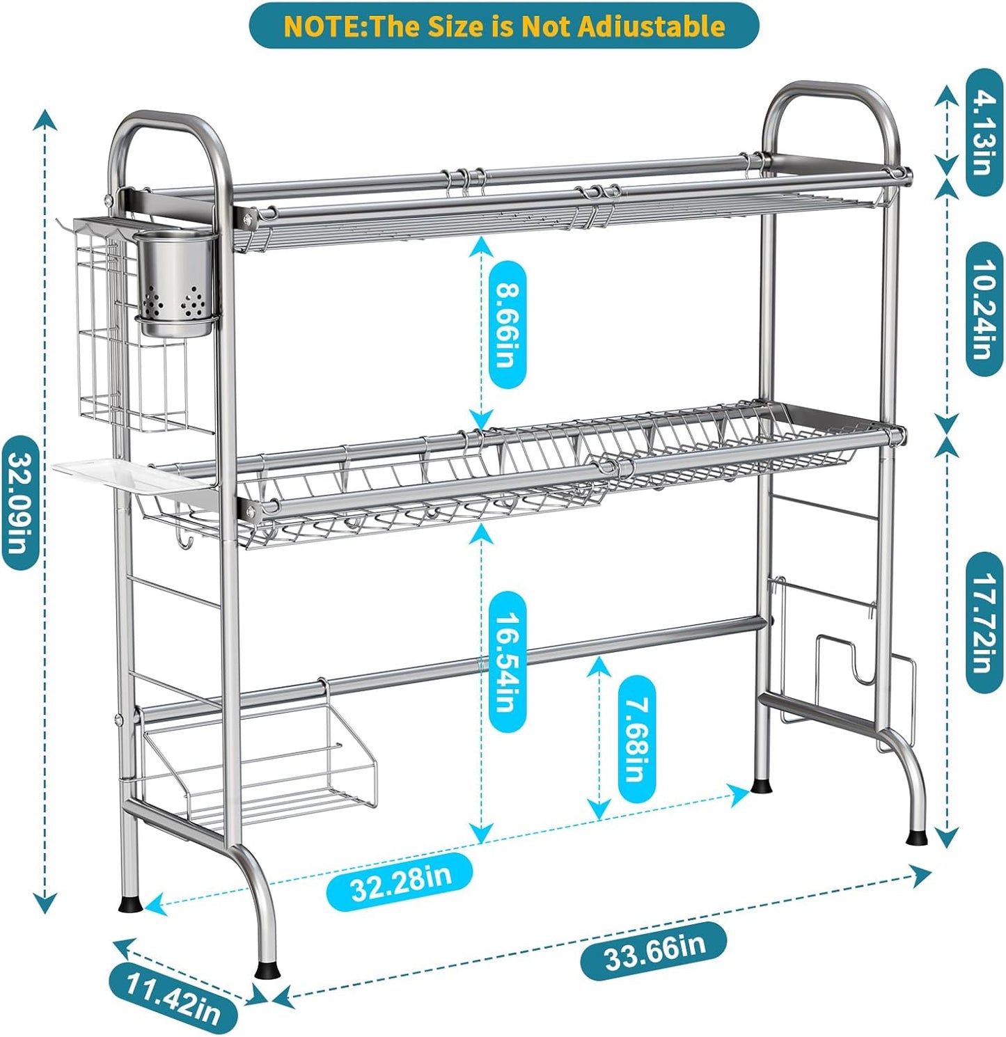 Stainless Steel 2-Tier Over The Sink Dish Drying Rack with Utensil Holder, Large