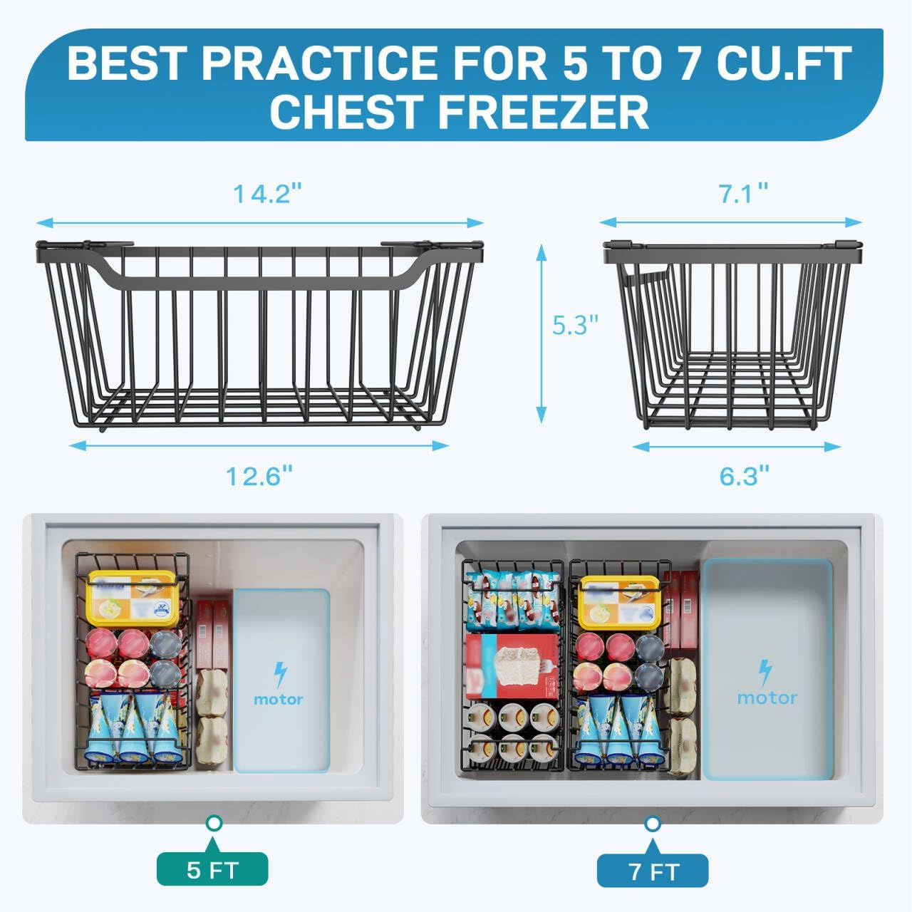 Freezer Organizer Bins, 4 Pack Stackable Chest Freezer Organizer for 5-7 Cu.FT Deep Freezer Sort Frozen Meats and Food, Freezer Storage Baskets with Handles Easy Reach from Bottom, Black