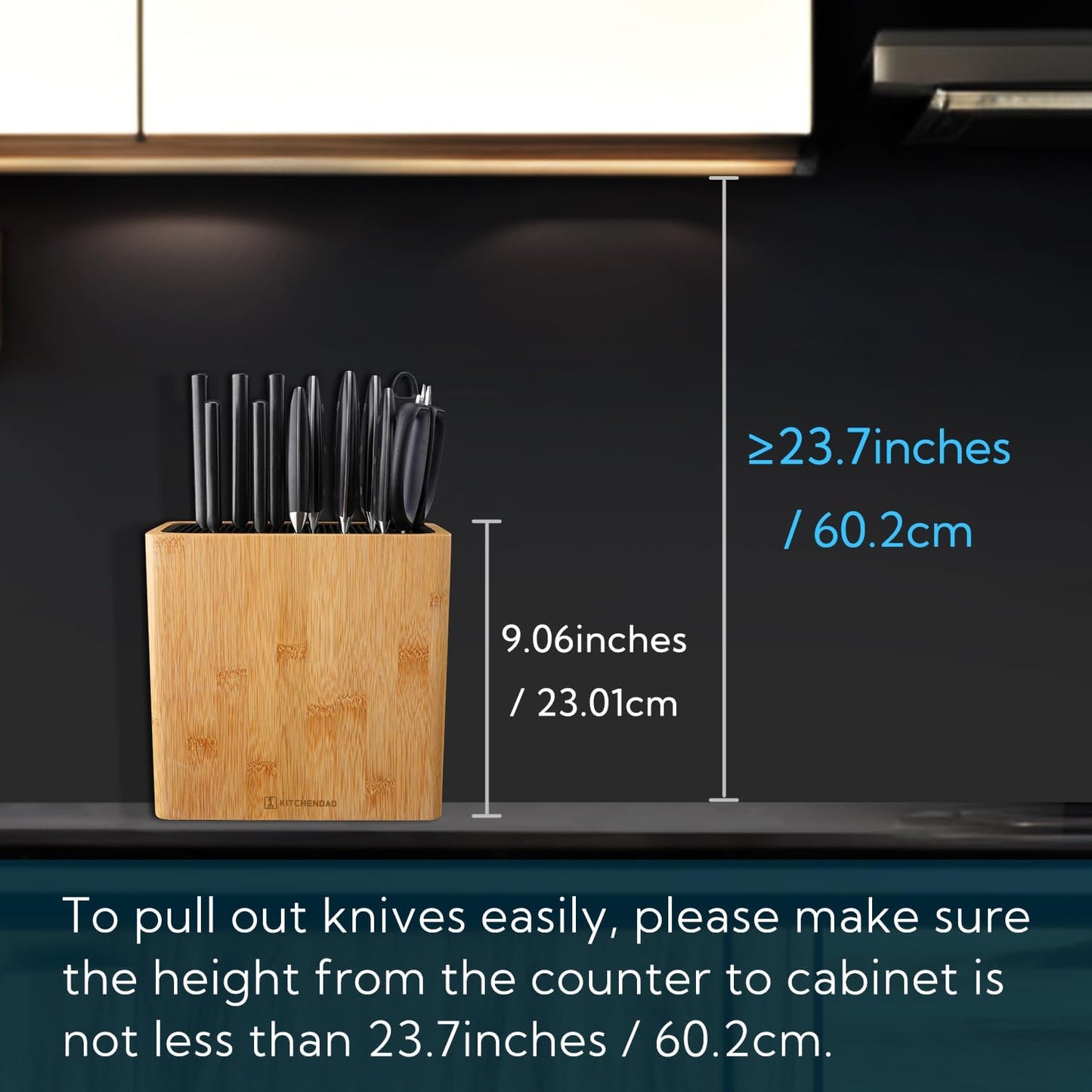 XL Bamboo Universal Knife Block Holder with Slots for Scissors and Sharpening Rod, Safe