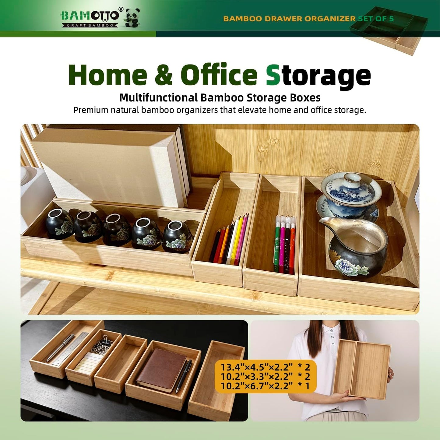 Stack Bamboo Drawer Organizer Set of 5, Kitchen Utensil