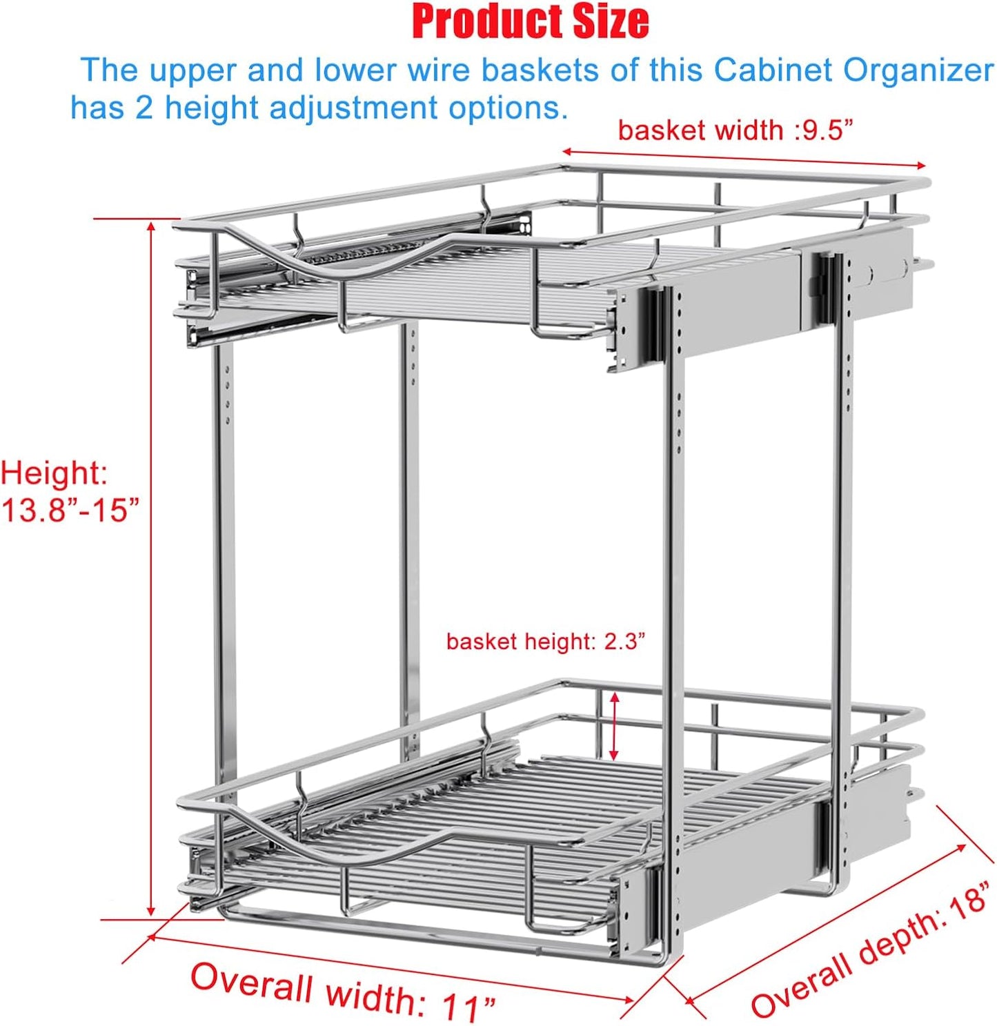 2 Tier Pull Out Cabinet Organizer (11" W x 18" D) Heavy-Duty Metal Sliding Drawer Shelf
