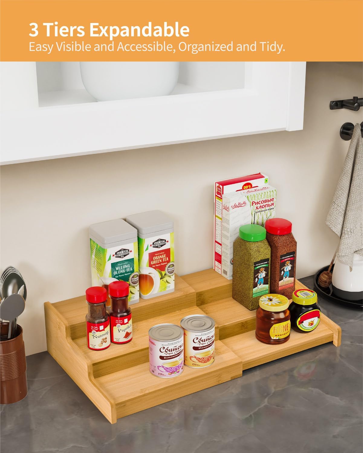 Spice Rack, 3-Tier Expandable Bamboo Spice Rack Organizer for Cabinet - Kitchen