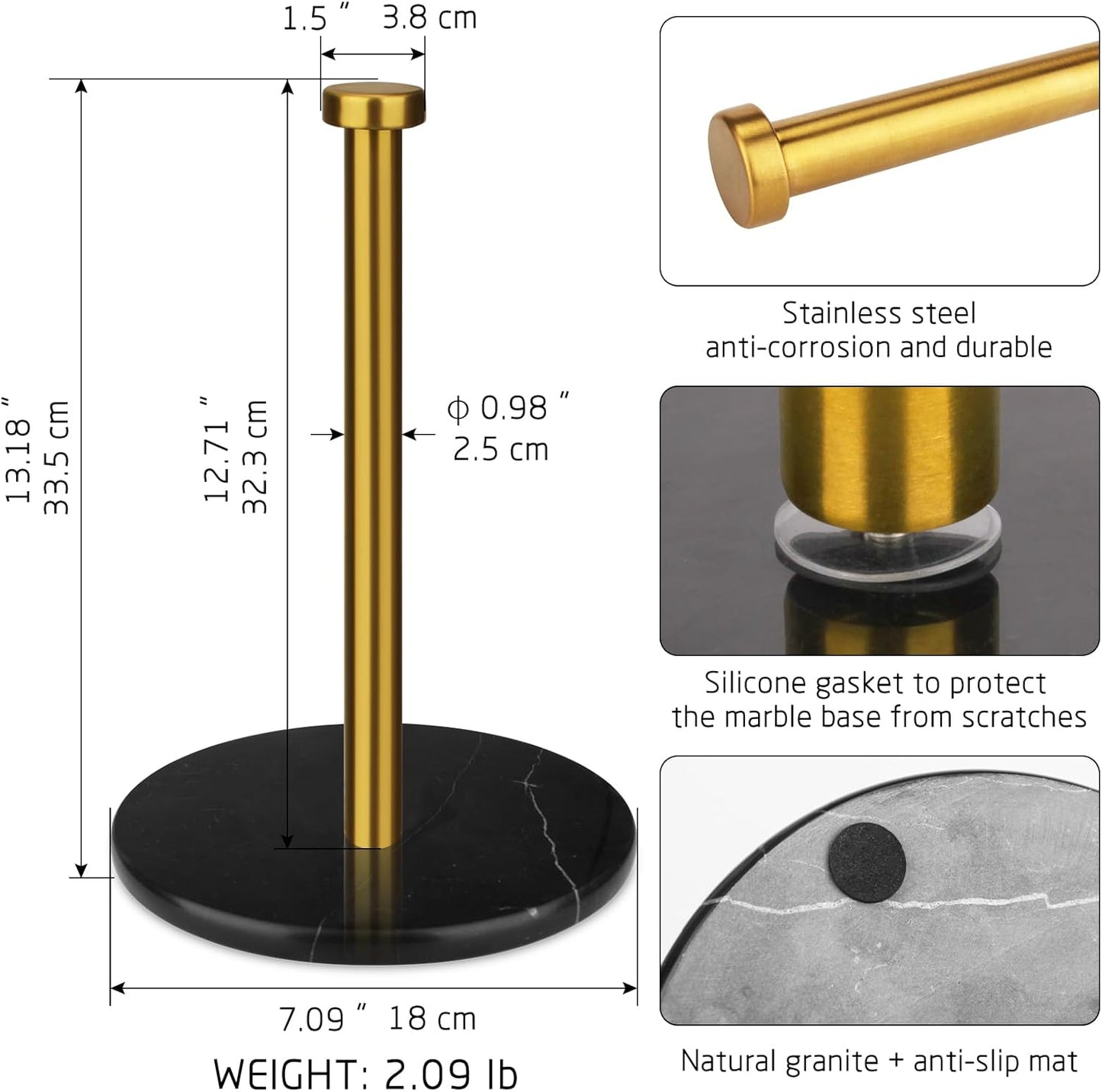 Paper Towel Holder Countertop with 7" Weighted Black Marble Base