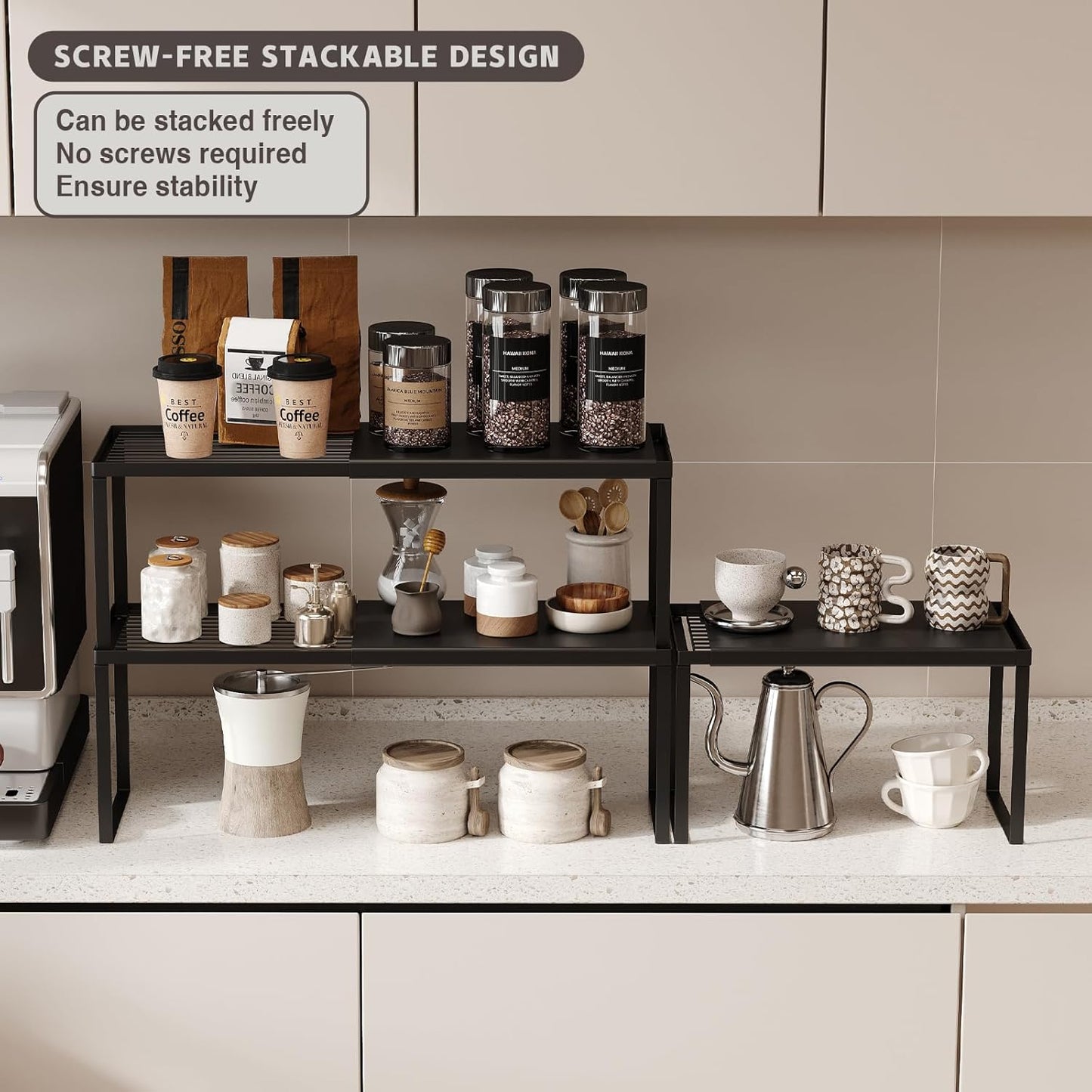 Expandable Cabinet Shelf Organizer, 2 Pack Stackable Kitchen Counter Shelf Riser