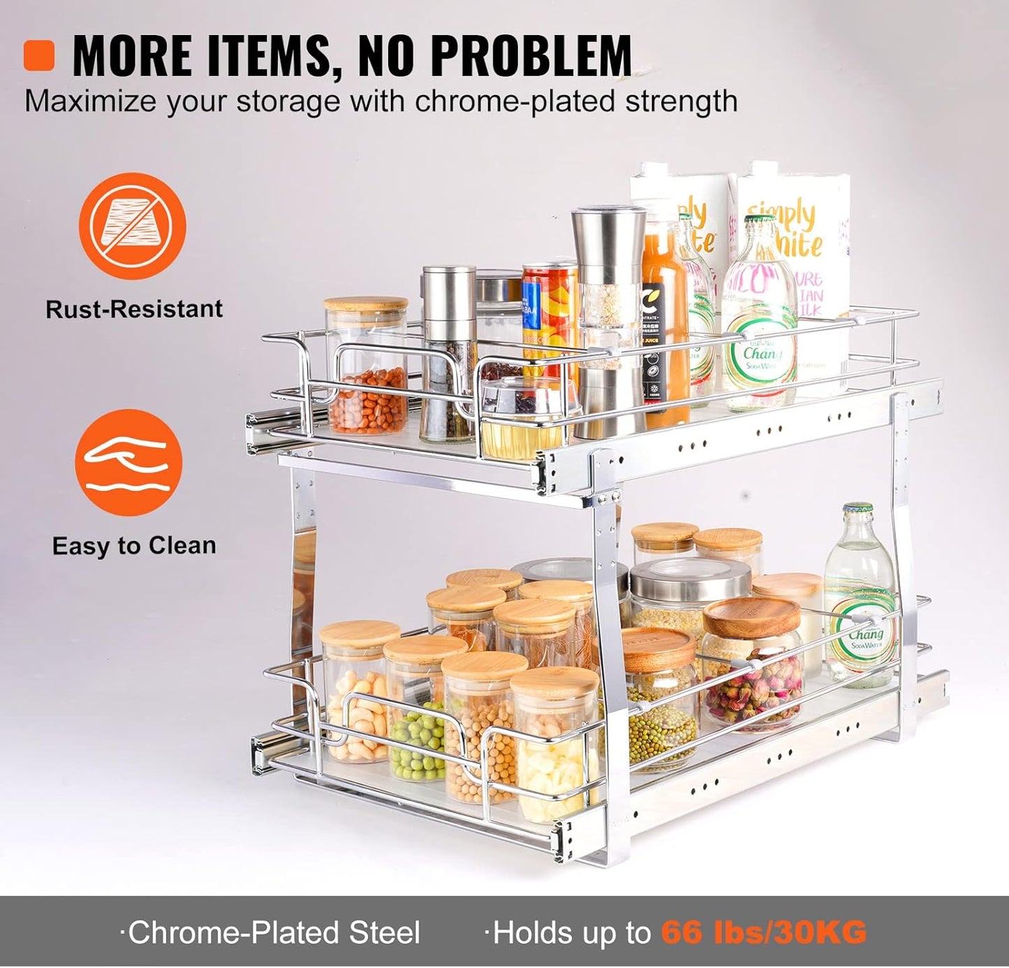 Pull Out Cabinet Organizer, 14" Wx21.2 Dx15.2 H Heavy 2 Tier Duty Slide Out Pantry Shelves