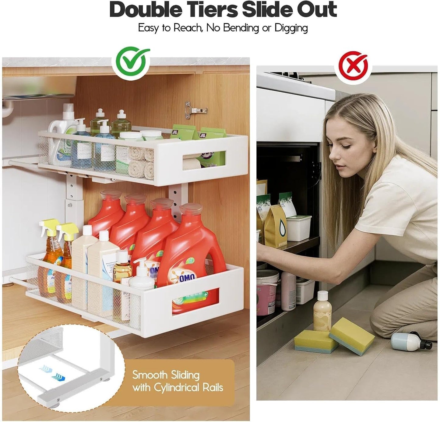 Under Sink Organizer, 2-Tier Dual Pull Out Cabinet Organizer Drawers With Smooth Circular Rail