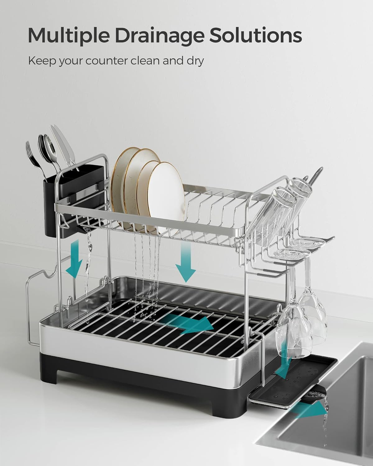 Dish Drying Rack - 2 Tier Dish Rack for Kitchen Counter with Rotatable and Extendable Drain Spout