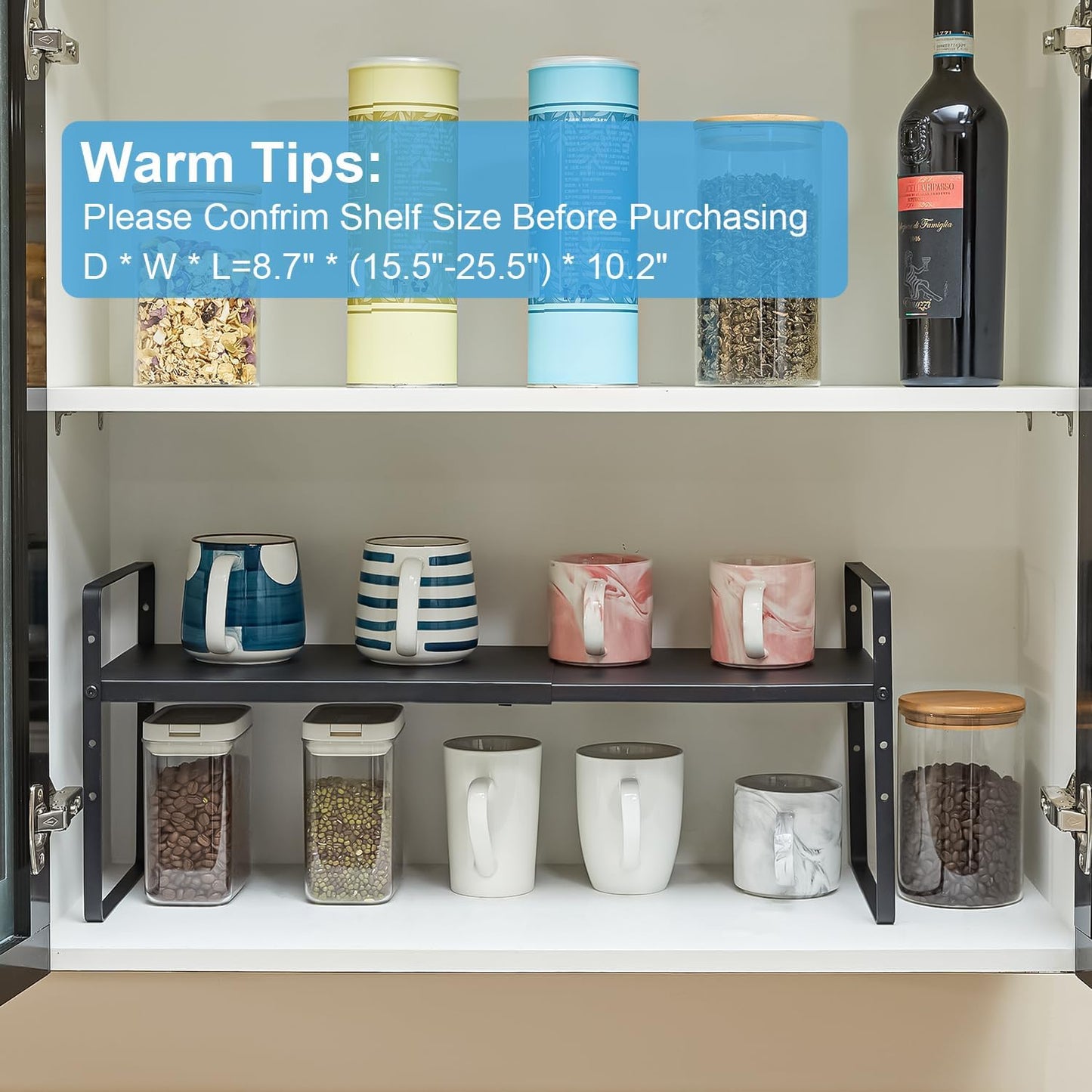 15.5 to 25.5 Inch Kitchen Cabinet Shelf Organizers, Adjustable Kitchen Counter Shelf Organizer