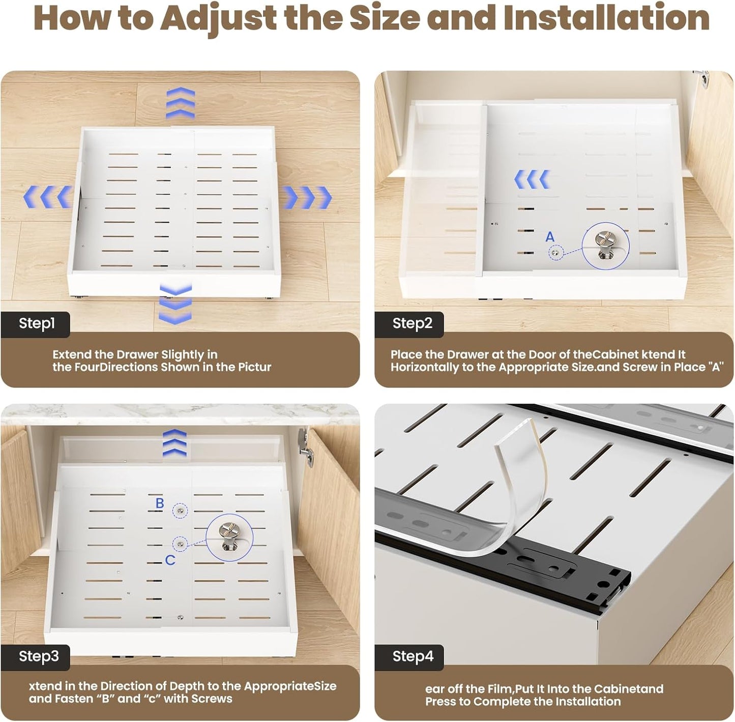 Pull Out Cabinet Organizer, Expandable Width (11.4"-19.4") and Depth (16.7"-21") With 3 Rails