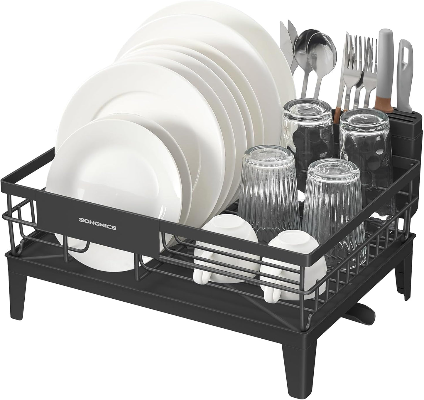 Dish Drying Rack, Kitchen Dish Rack with Drainboard, 360° Rotatable and Extendable Spout