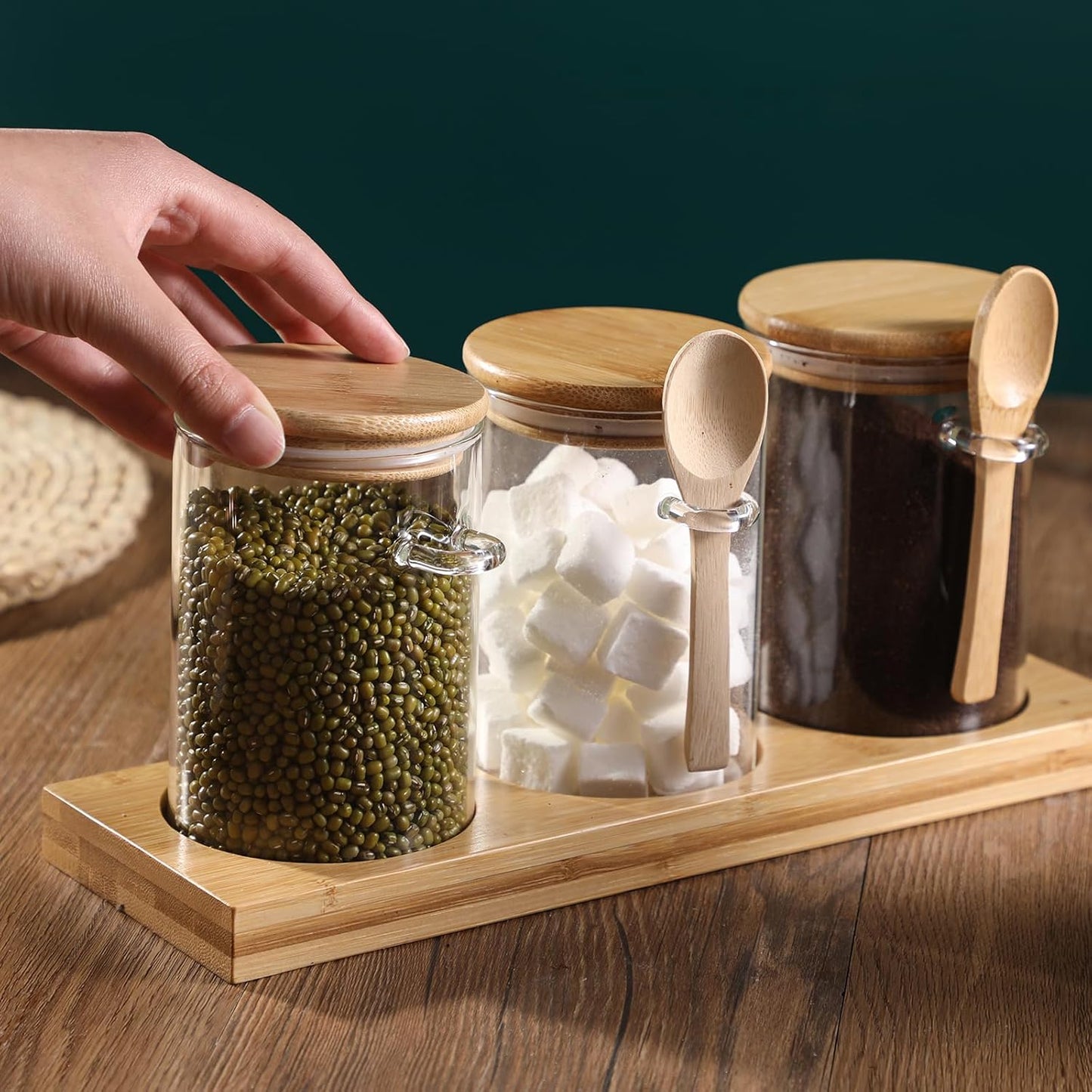 Glass Spice Storage Container with Spoon, 3PCS 20oz Airtight Sealed Condiment Jar with Tray