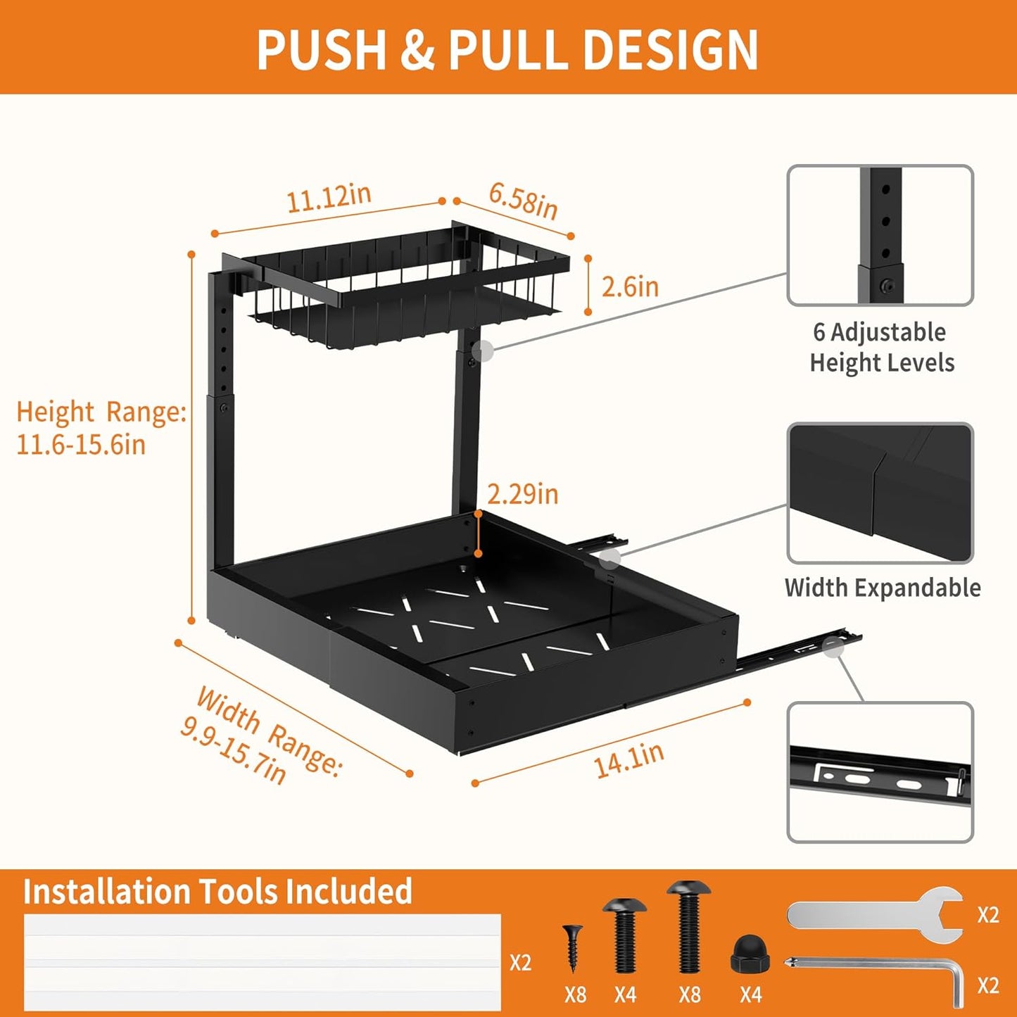 2-Pack Expandable Under Sink Organizers and Storage, 2-Tier Adjustable Pull-Out Cabinet Organizers