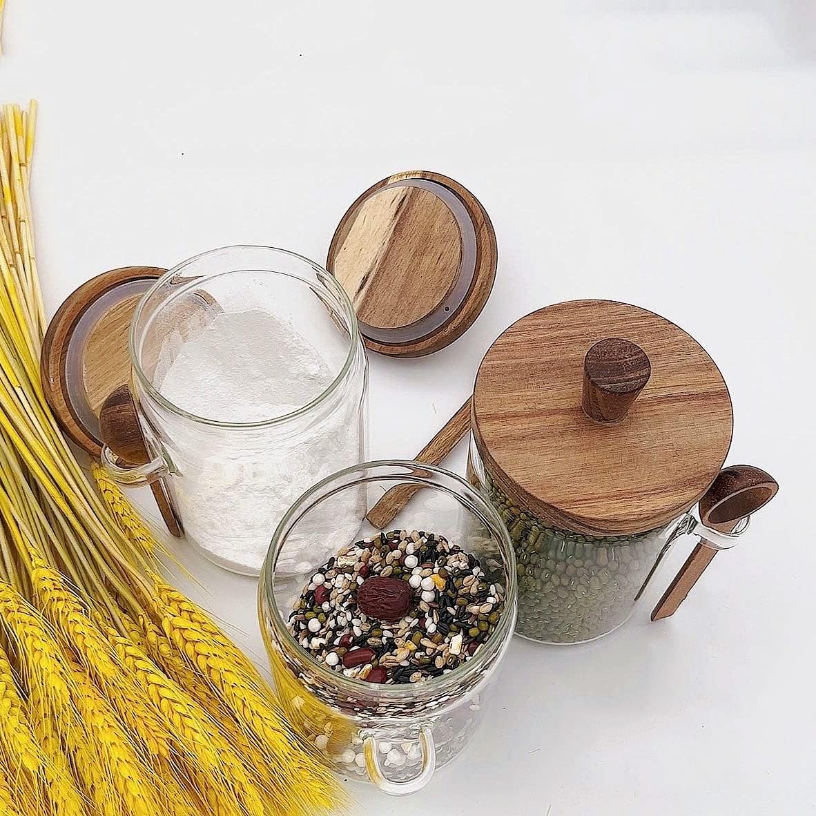 Set of 3 Glass Jars Containers with Wooden Lids and Scoop Clear Canister Jars Set with Spoon for Kitchen Food Storage Coffee Tea Sugar Decorative Countertop Organization Jars 31 oz (3)