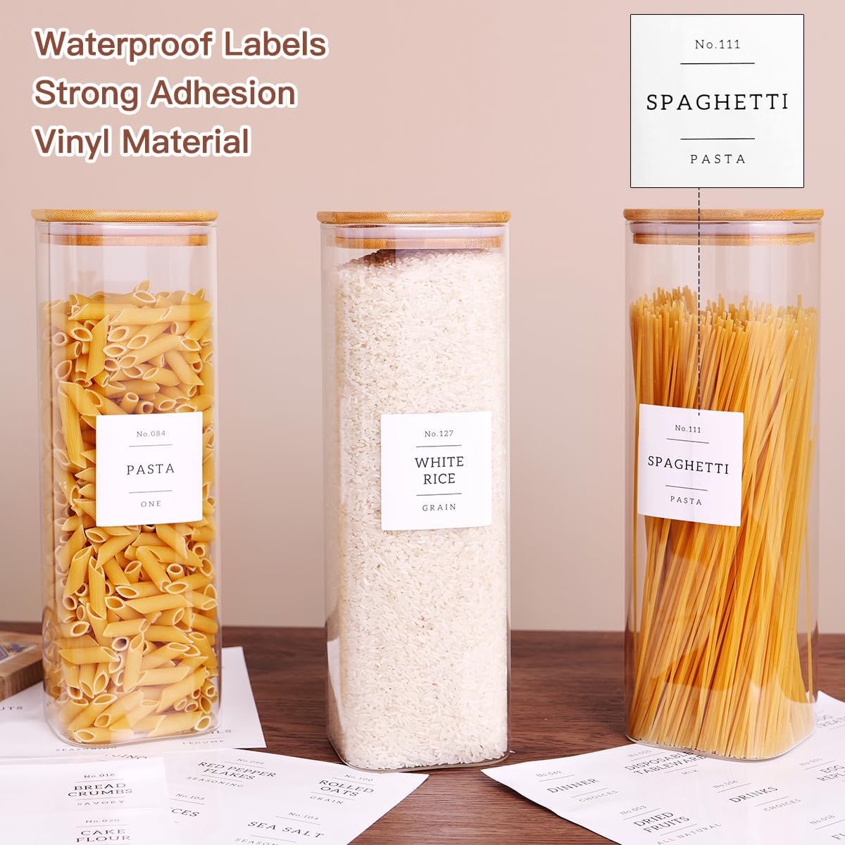 3 Pack Square Kitchen Storage Jars with Airtight Bamboo Lids and 132 Pantry Labels