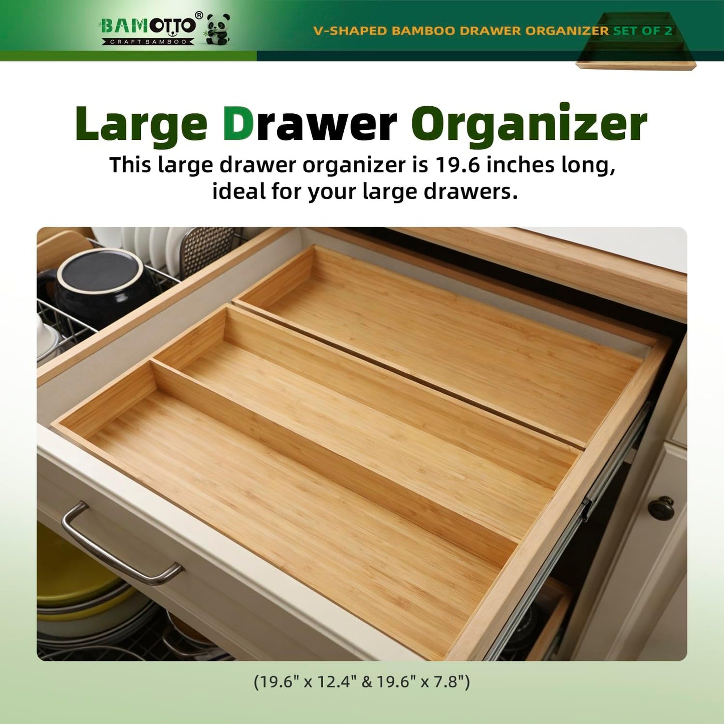 V-Shaped 2-Pack 19.6" Long Bamboo Drawer Organizer Box