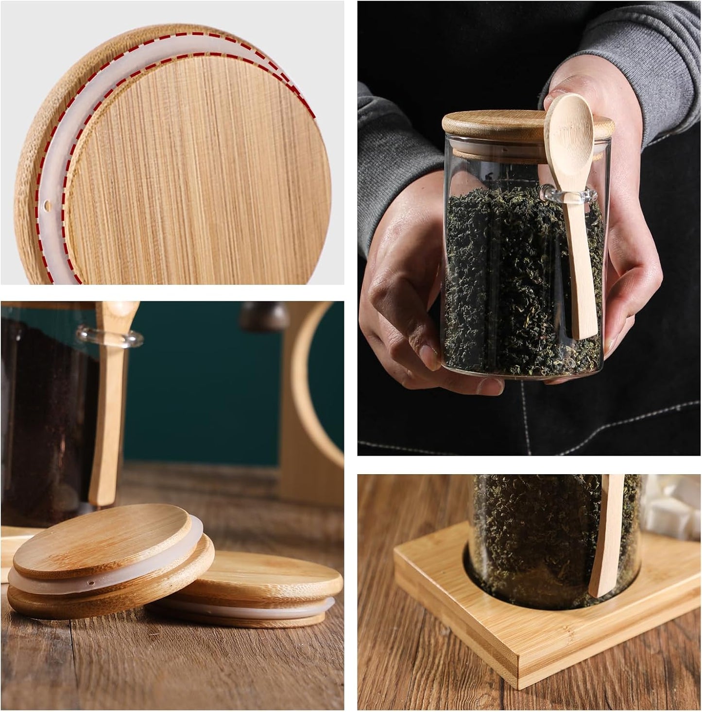 Glass Spice Storage Container with Spoon, 3PCS 20oz Airtight Sealed Condiment Jar with Tray