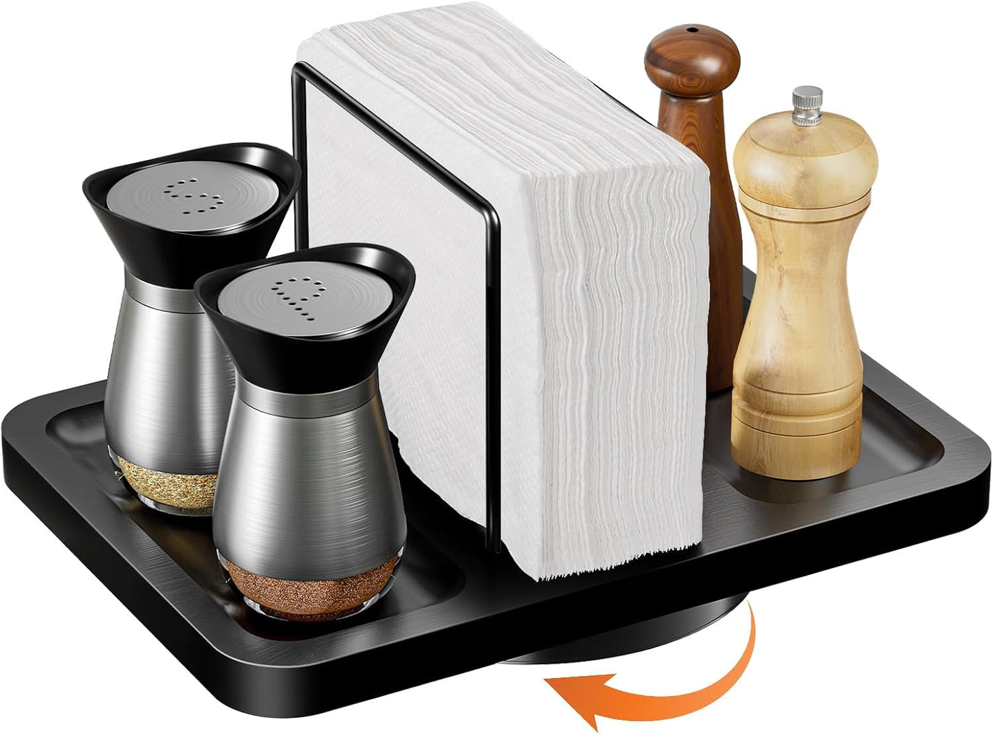 Rotating Napkin Holder for Table, Bamboo Standing Napkin Dispenser with Salt Pepper Shakers Caddy