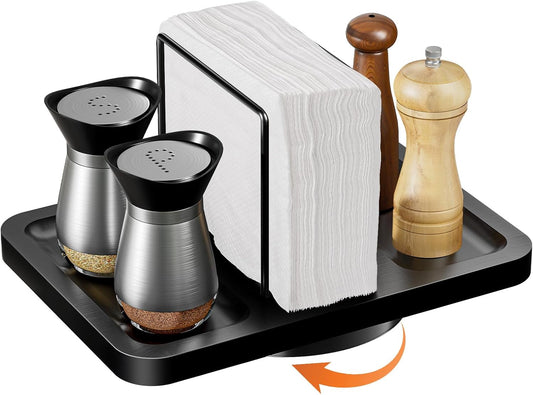 Rotating Napkin Holder for Table, Bamboo Standing Napkin Dispenser with Salt Pepper Shakers Caddy