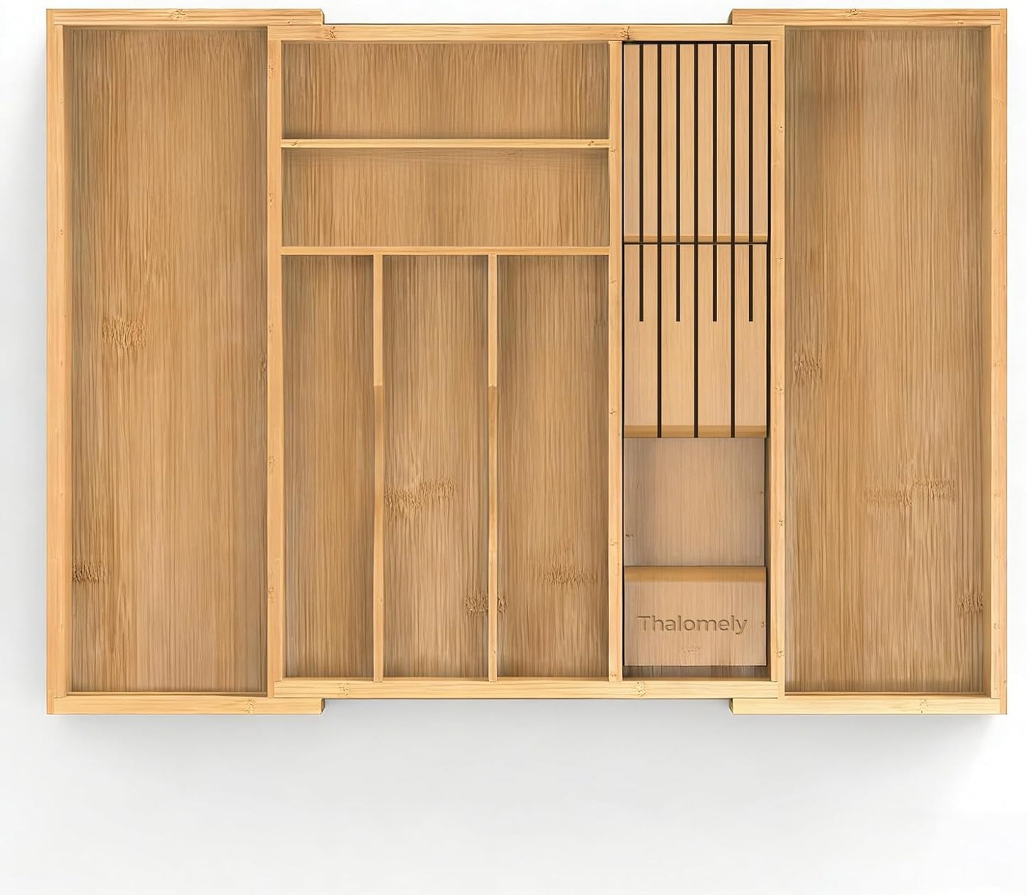 Bamboo Kitchen Drawer Organizer, Expandable Silverware Organizer with Removable Knife Block