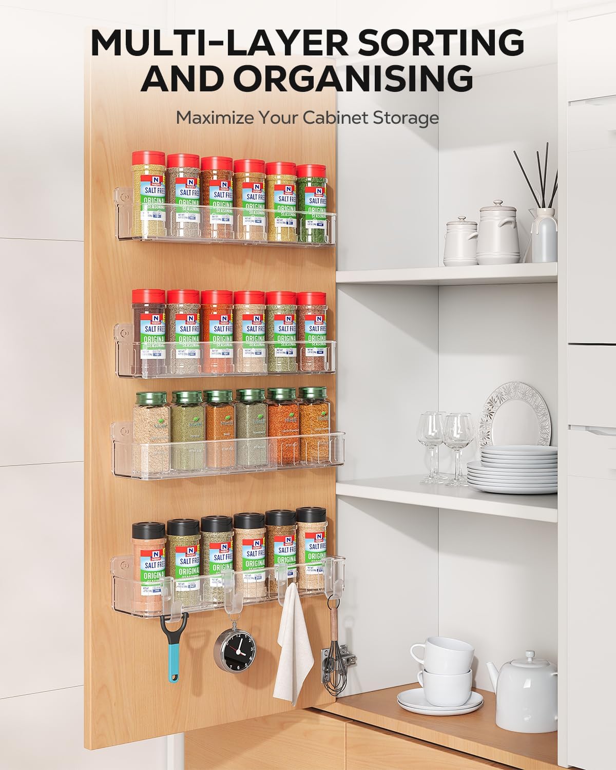 Spice Rack Wall Mount, 4 Pack, Clear, Screw or Adhesive Installation