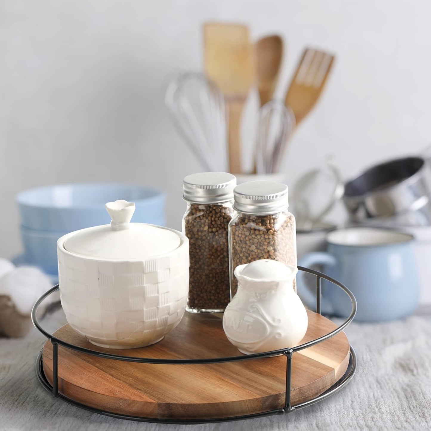 [ 2 Pack ] 9" & 10" Acacia Wood Lazy Susan Organizers with Steel Sides