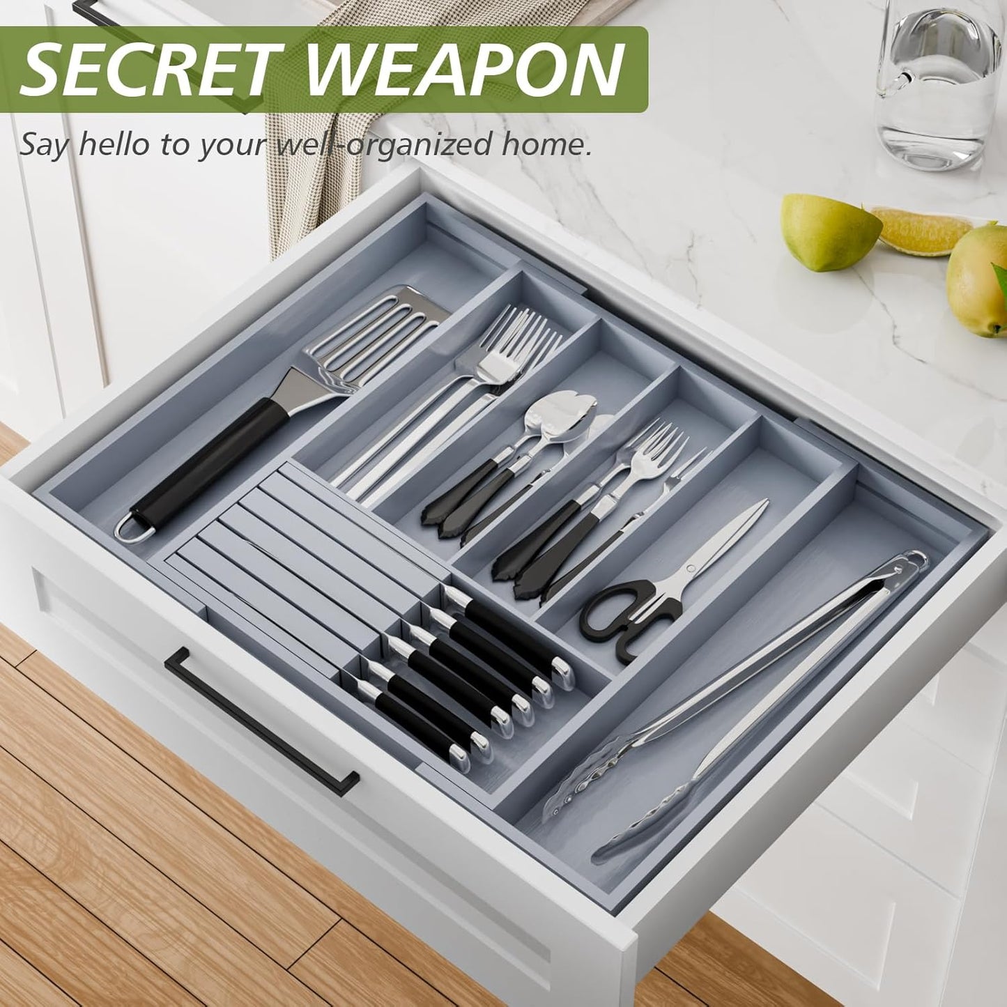 Bamboo Kitchen Silverware Drawer Organizer - Expandable Wood Utensil Holder with Dividers