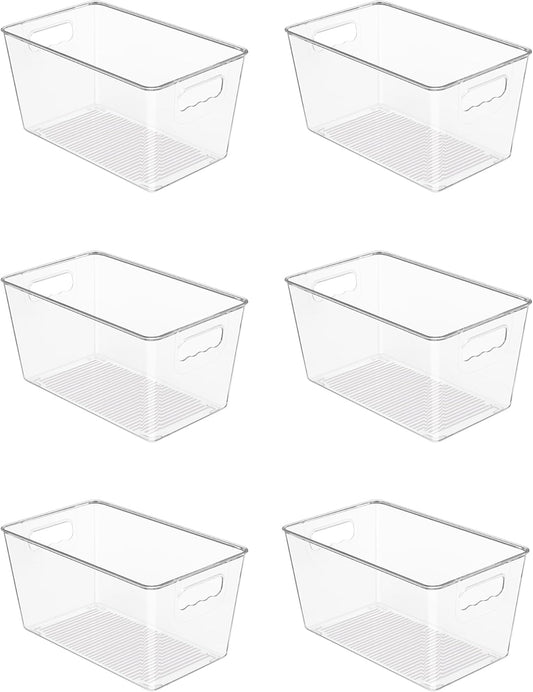 6 Pack Clear Storage Bins, Pantry Cabinet Organizer Bins with Handle for Pantry Organizer and Storage, Plastic Bins for Fridge, Cabinet, Kitchen, Countertops, Cupboard, Freezer, Medium