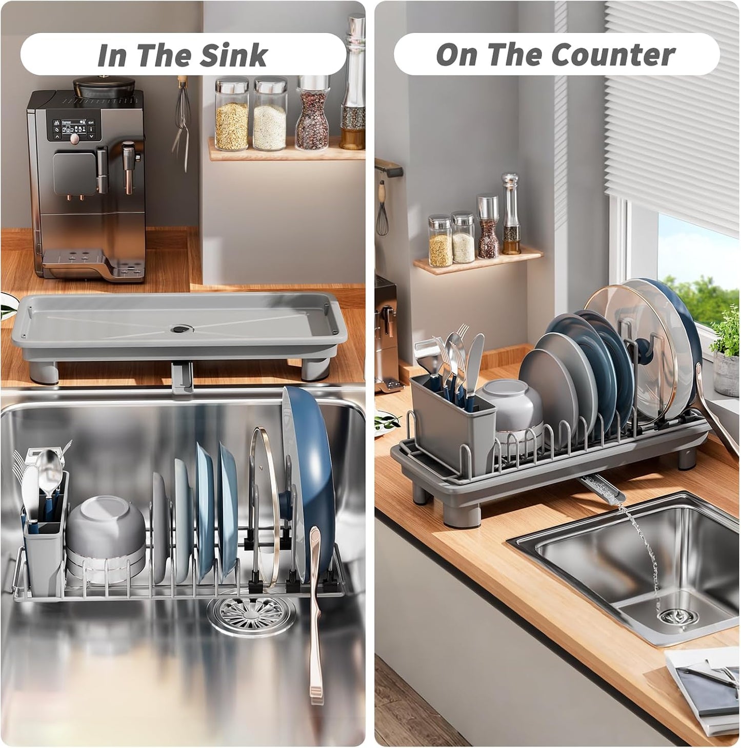 Small Dish Drying Rack with Removable Utensil Holder & Anti-Scratch Base