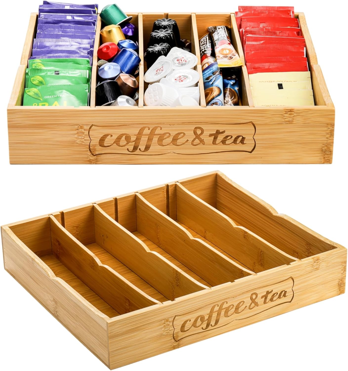 2 Pack K Cup Holder for Drawers, Bamboo Tea Bag Organizer with Adjustable Dividers