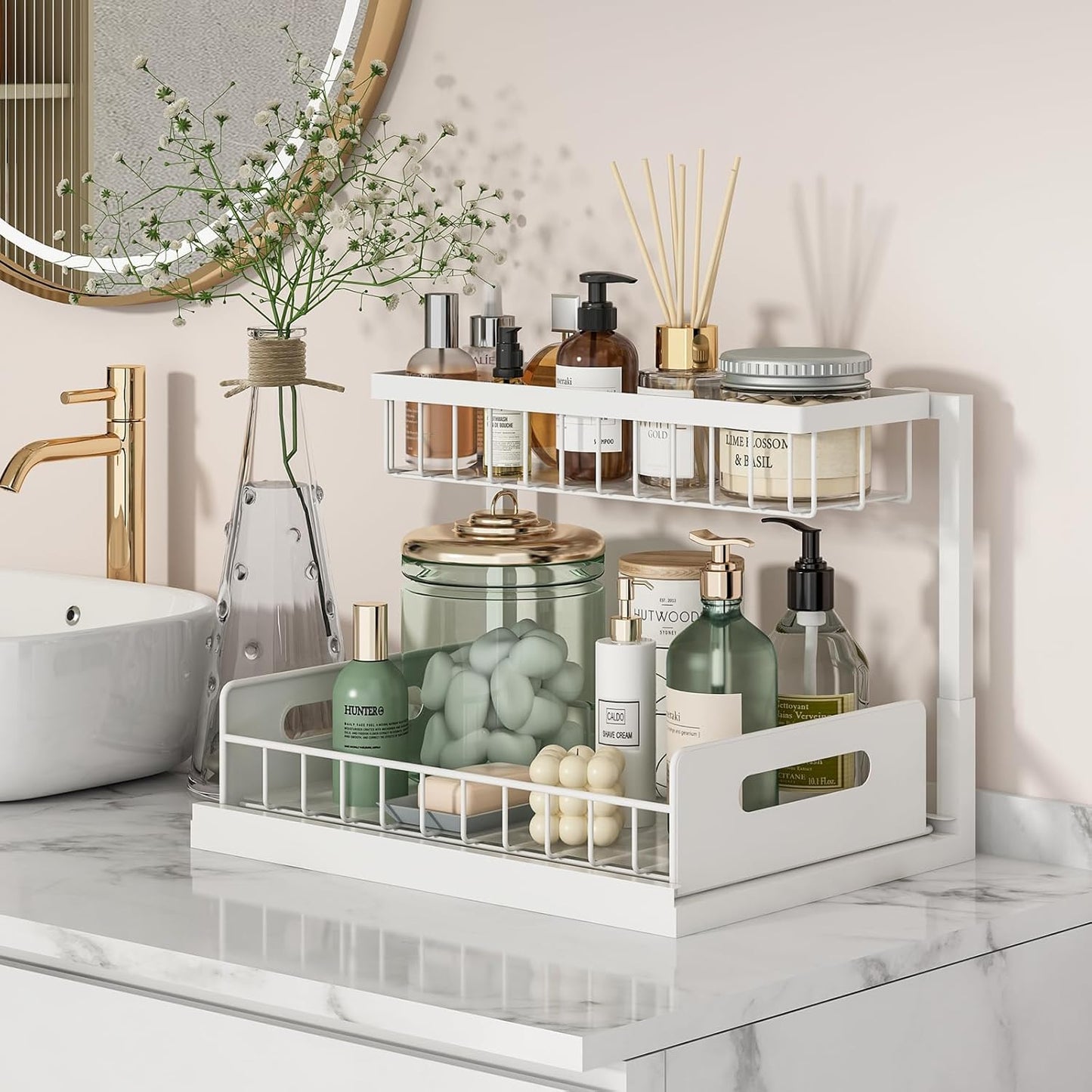 Under Sink Organizer, Pull Out Cabinet Organizer 2 Tier Slide Out Sink Shelf Cabinet Storage Shelves, Under Sink Storage for Kitchen Bathroom Cabinet, White, 1 Pack