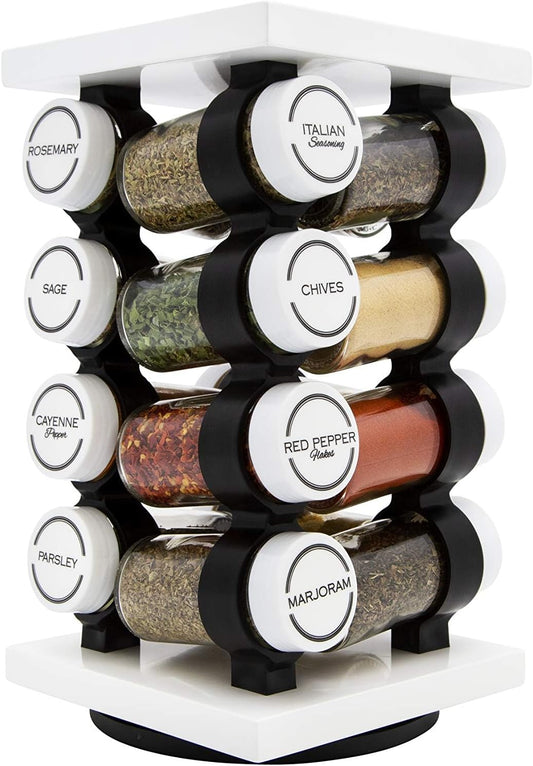 16 Jar Rotating White Spice Rack with Spices Included & 5-Year Spice Refill Program – Compact Countertop Spice Rack with Glass Jars