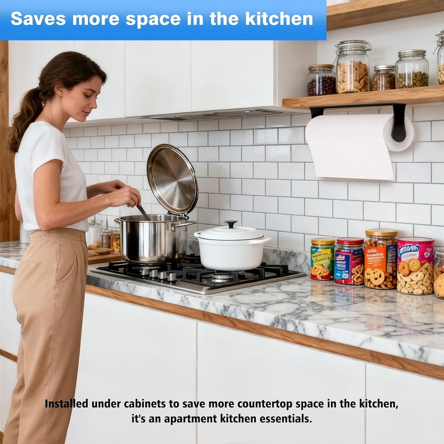 Paper Towel Holder Under Cabinet, Black, Adhesive & Wall Mount