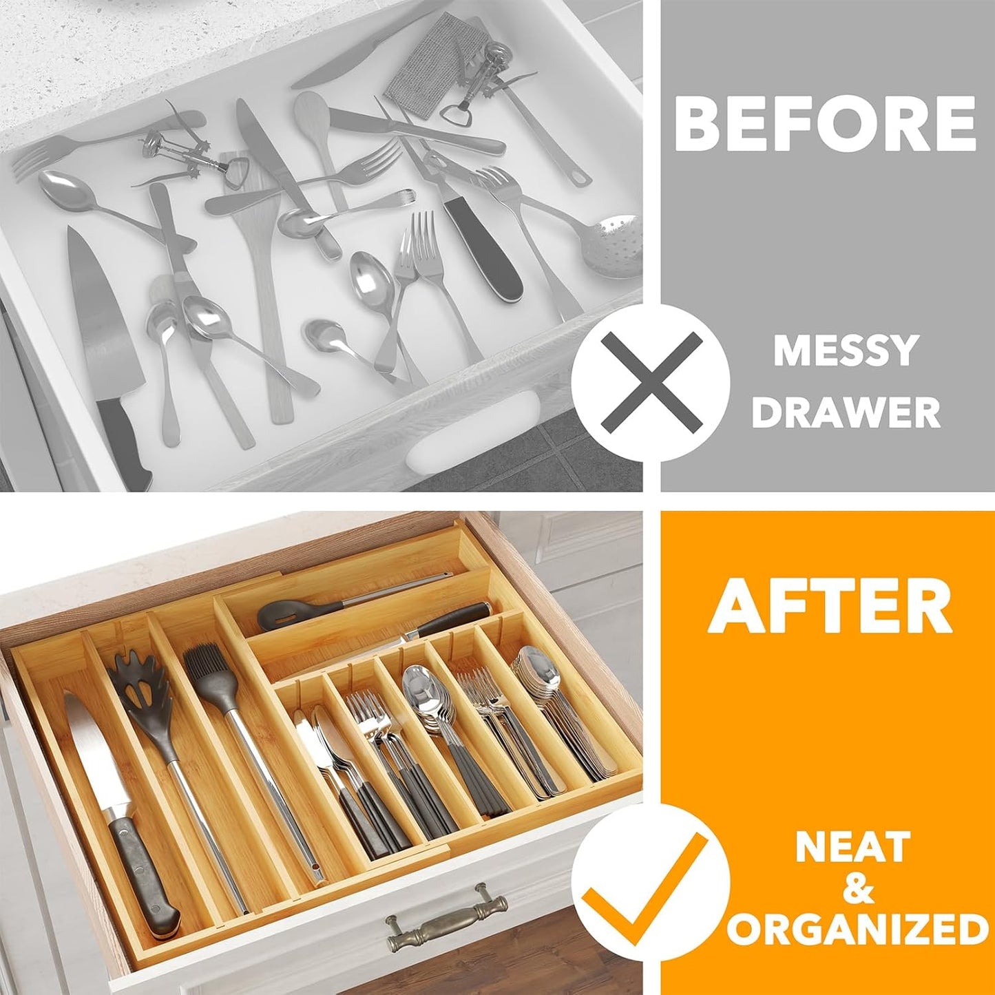 2.5" High Bamboo Silverware Drawer Organizer with Labels