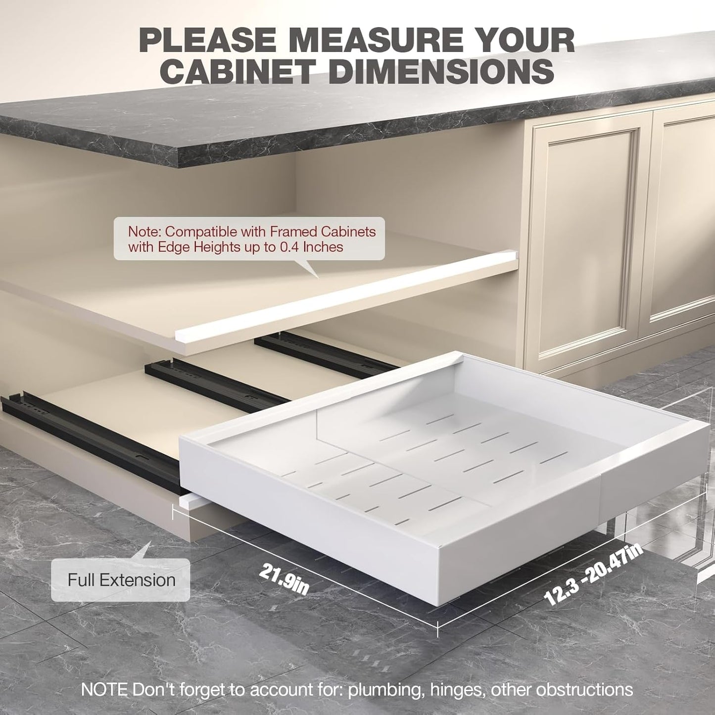 2 Pack Pull Out Cabinet Organizer 22" Deep,Full Extension 3 Slide Rails Slide Out Drawers With Raising Pad for Framed Cabinets,Expandable Width (12.3"-20.5"),No Drill Roll Out shelf,White