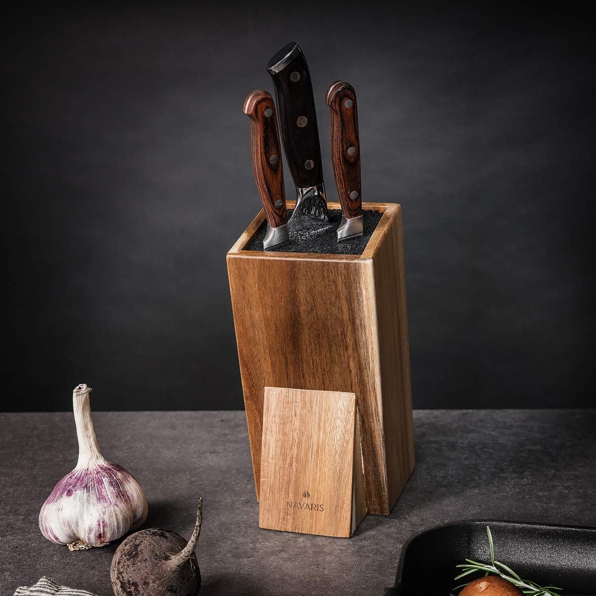 Universal Knife Block Holder - Acacia Wood Stand with Bristles to Fit Different Sizes of Knives