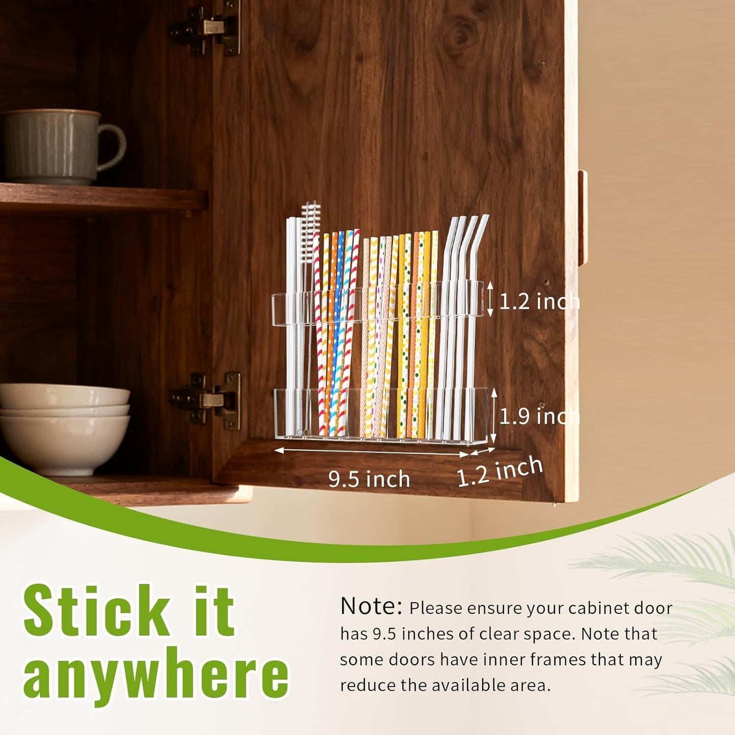 9.5” Large Acrylic Straw Holder for Cabinet Door-Reusable Tumbler Straw Organizer with Ultra Sticky Adhesive Tape ,Plastic Kitchen Accessories Container for Inside Cupboard Door (Transparent)